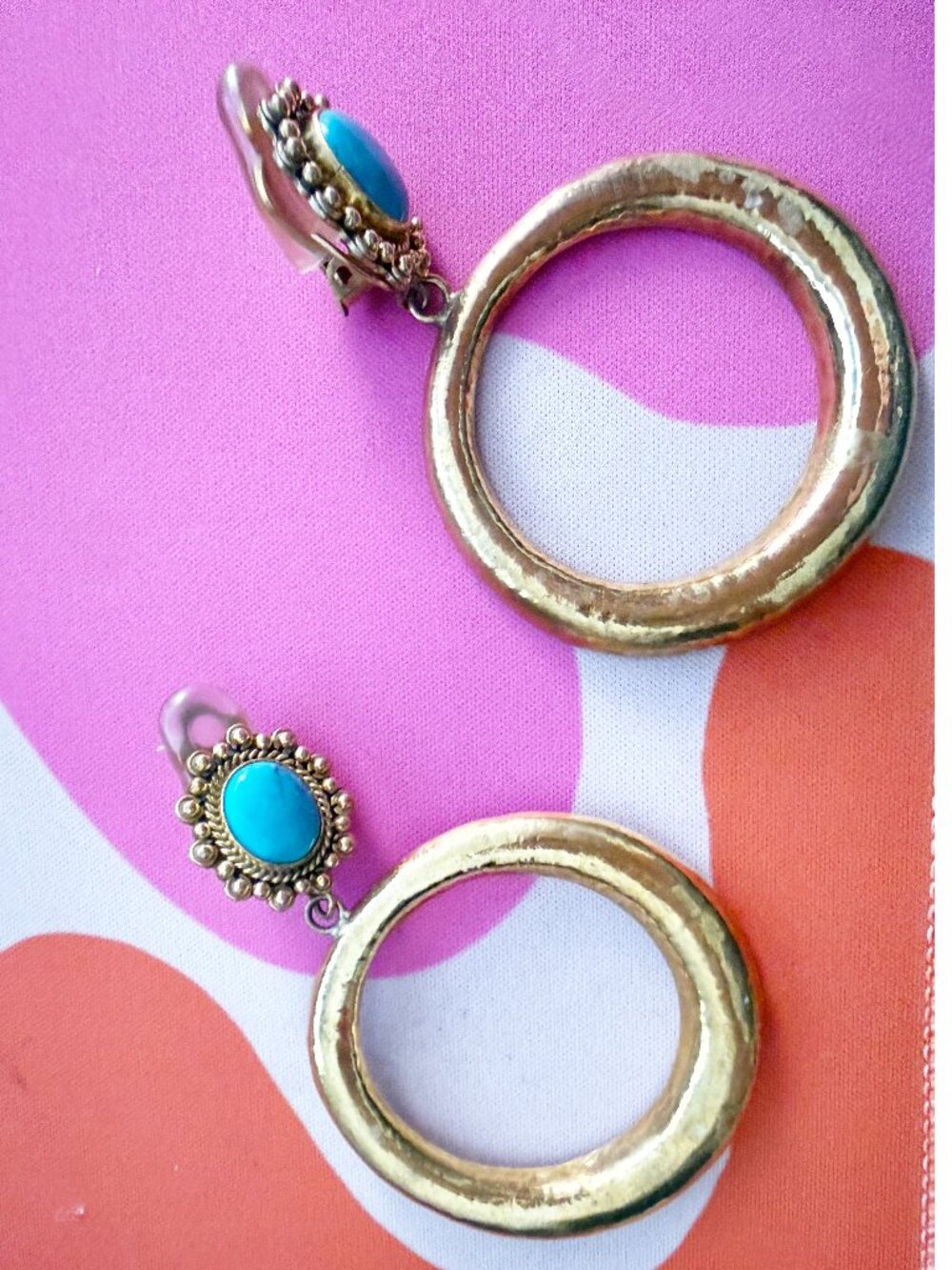Oversized Clip-On Gold Tone Turquoise Fashion Earrings - Picture 2 of 5